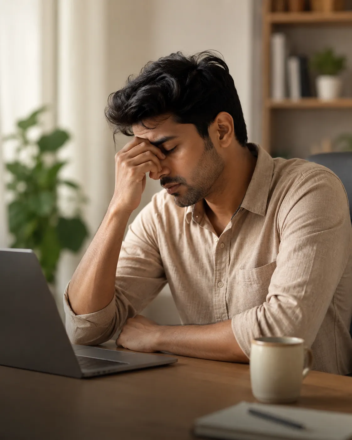 Man rubbing his temples in fatigue, illustrating how daily glucose swings affect energy and focus